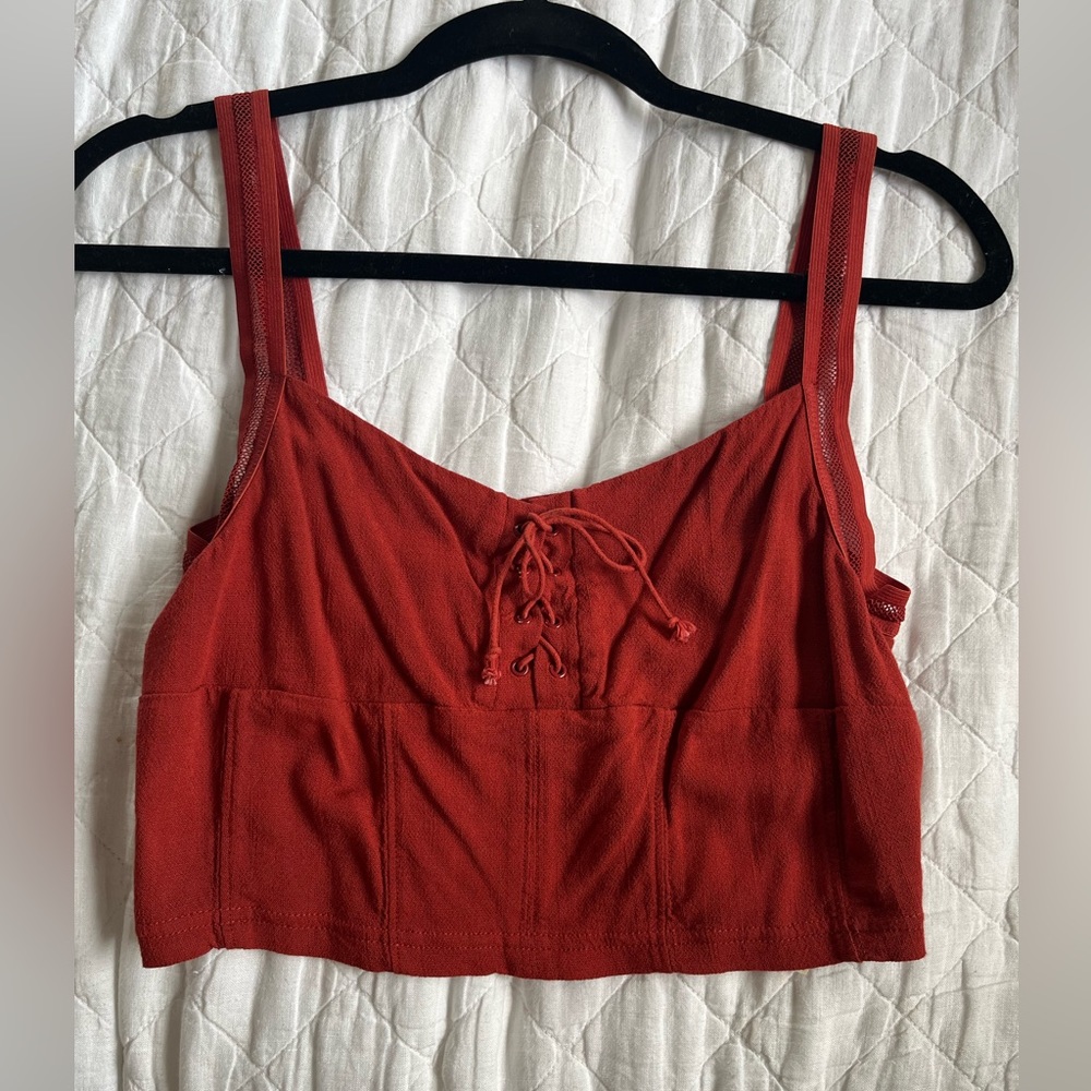 Like new- Free people lace up front, corset back, lace detailing tank top